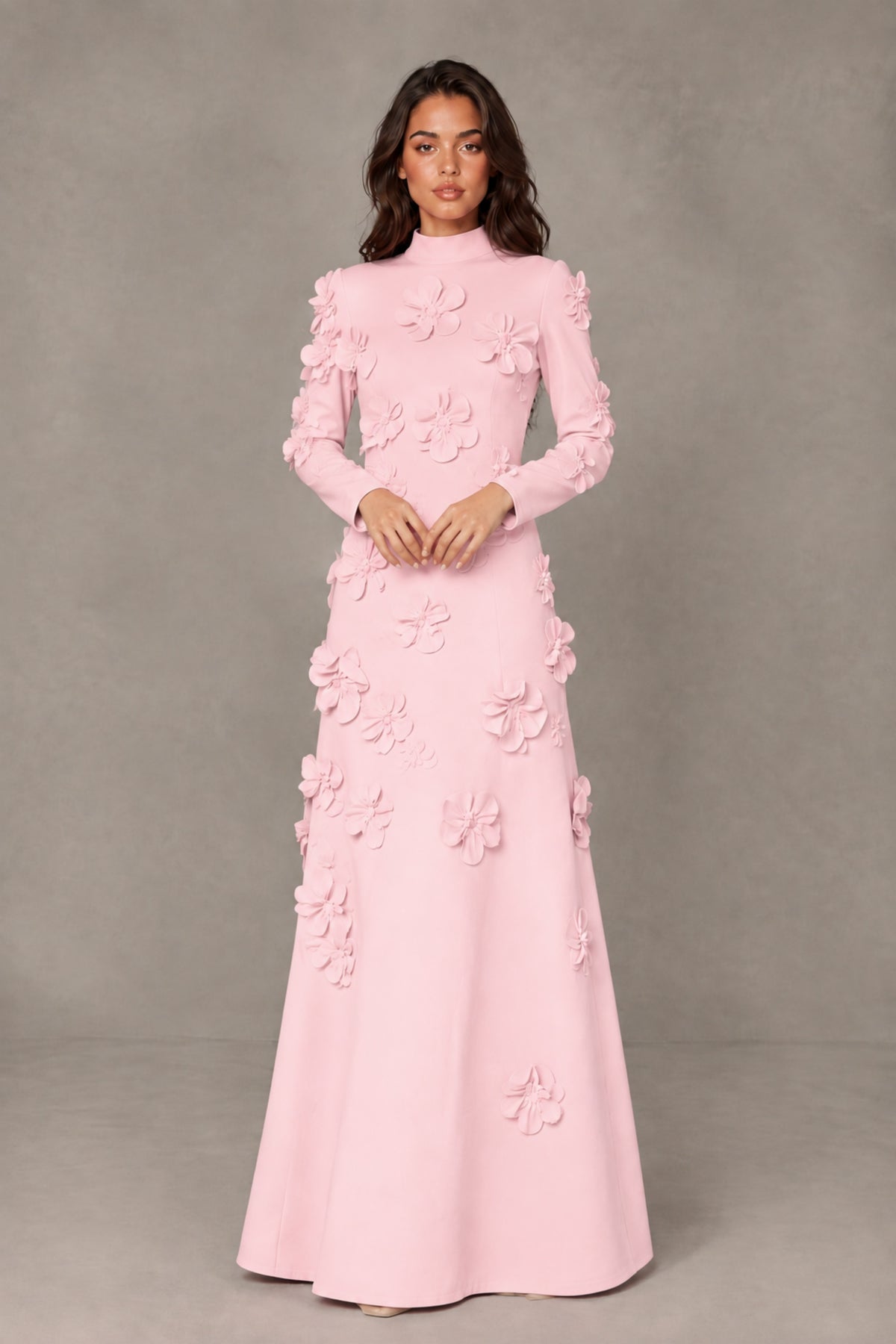 BOLODOO Blush Pink High Neck Long Sleeve 3D Floral Evening Gown - Blush Pink