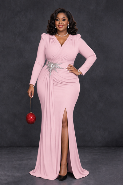 BOLODOO Blush Pink Plus Size Long Sleeve V-Neck Mother of the Bride Dress with Slit - Blush Pink - Blush Pink_1