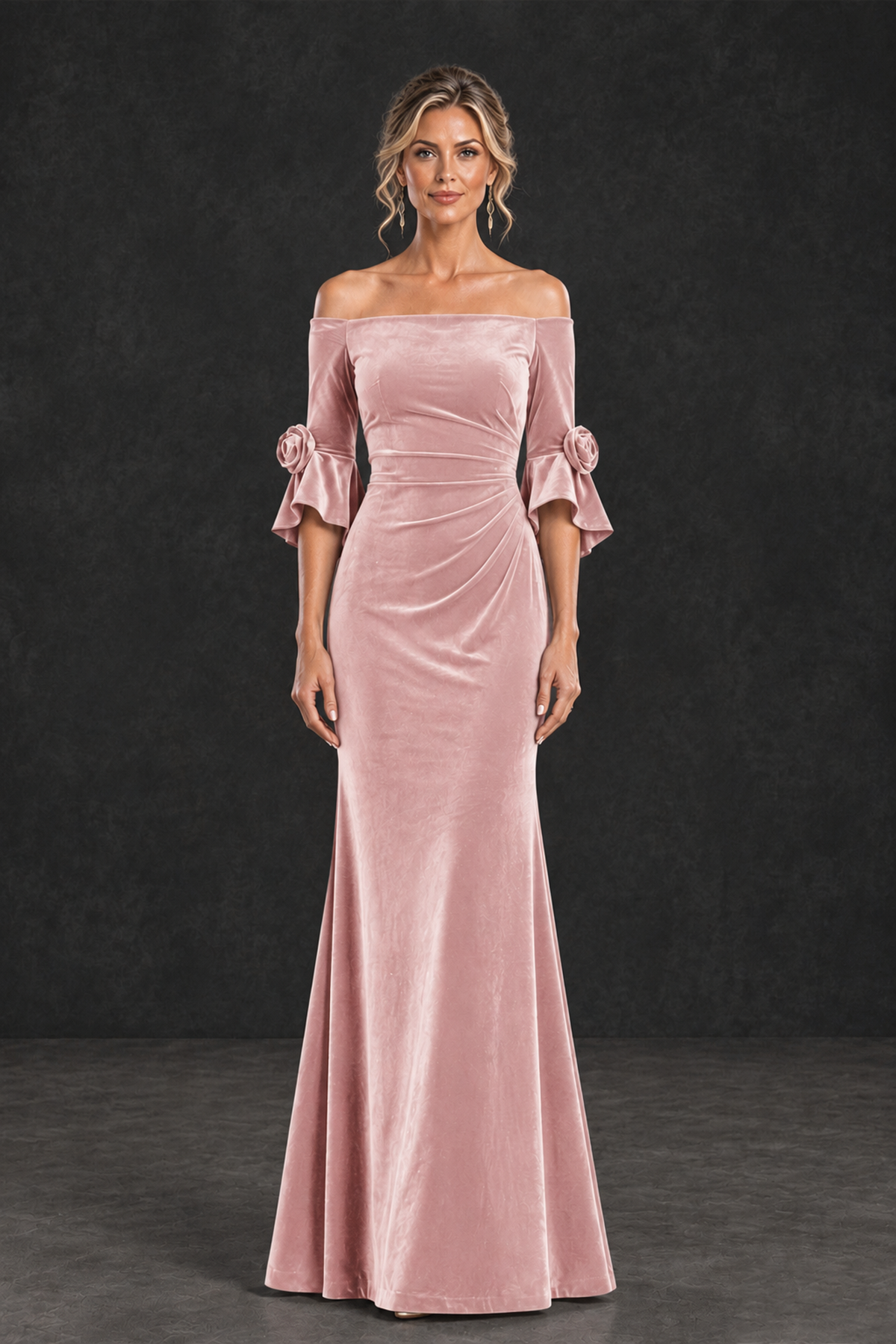 BOLODOO Blush Pink Velvet Off-Shoulder Mother of the Bride Dress – 3/4 Floral Cuff Sleeve Mermaid Evening Gown - Blush Pink - Blush Pink_1