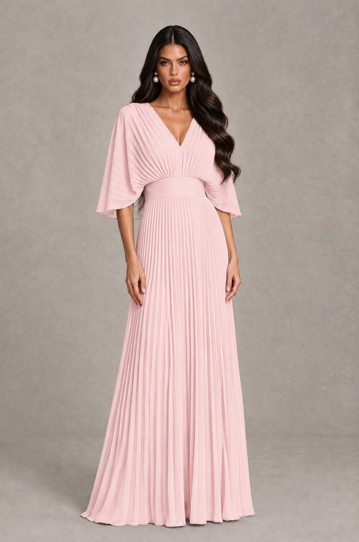 BOLODOO Blush Pink V-Neck Pleated Flutter Sleeve Formal Dress - Blush Pink - Blush Pink_1