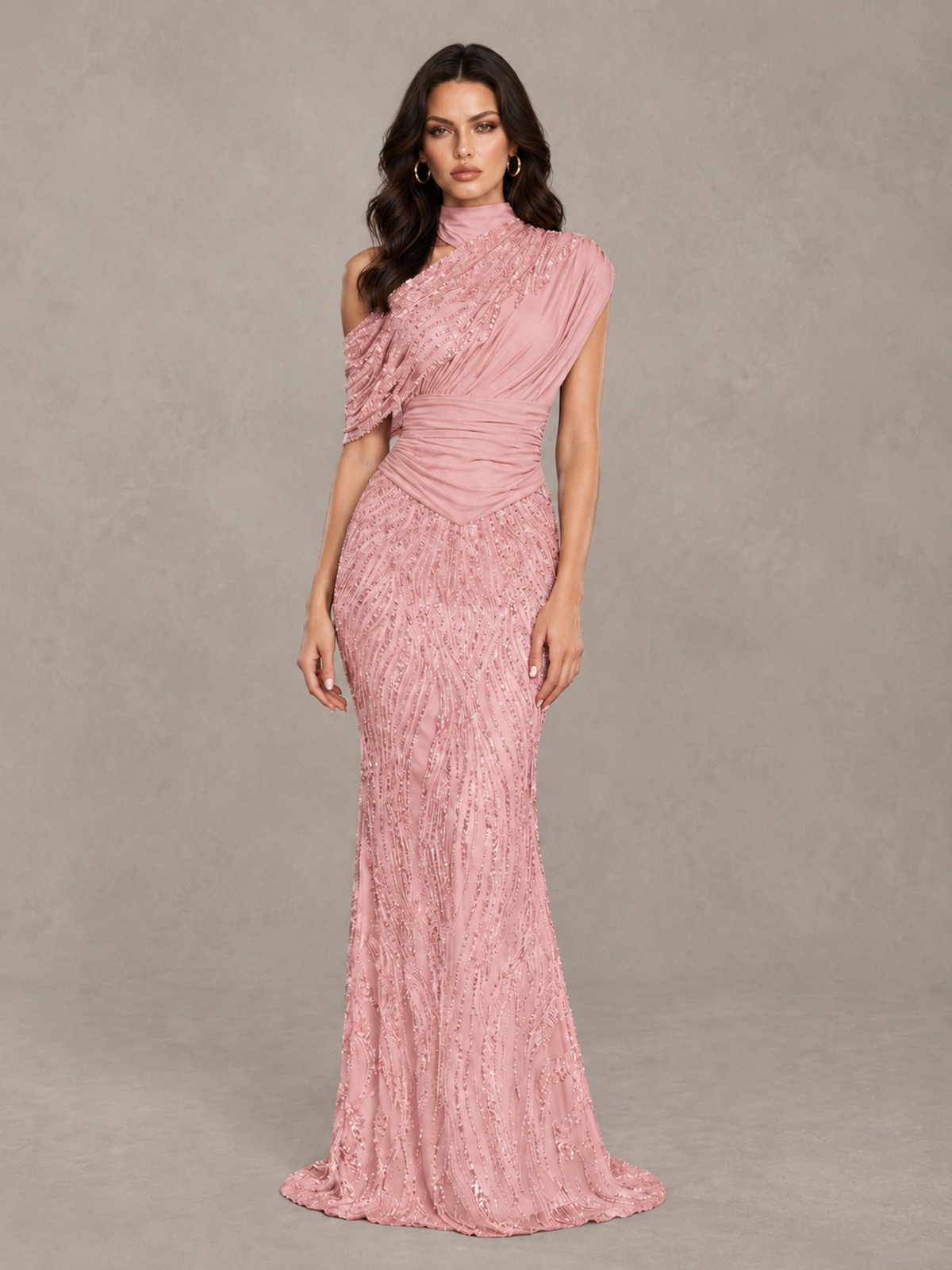 BOLODOO Blush Pink High Neck Draped Sequin Mermaid Evening Gown - Blush Pink - Blush Pink_1