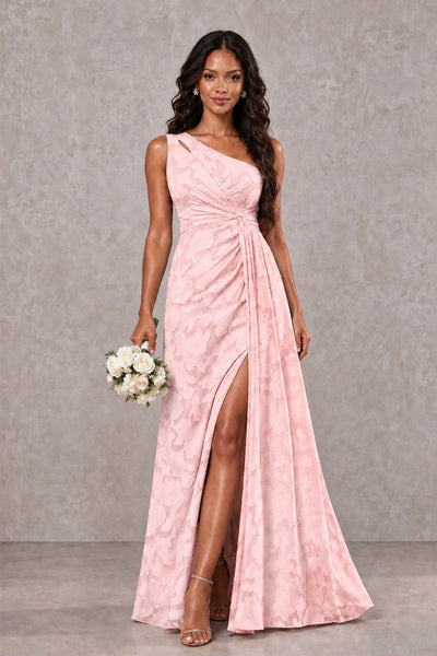BOLODOO Blush Pink One-Shoulder Floral Textured Maxi Dress with High Slit - Blush Pink - Blush Pink_1