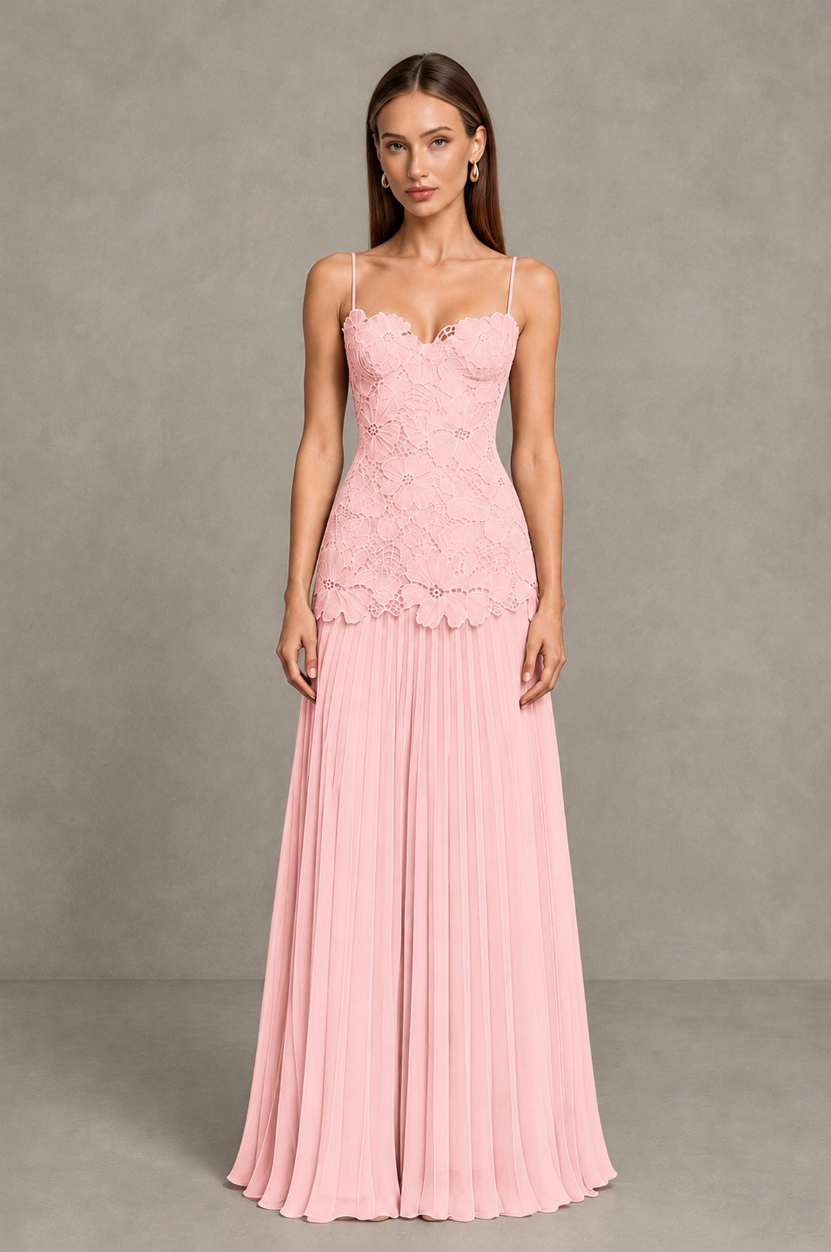 BOLODOO Blush Pink Lace Bodice Pleated Wedding Guest Dress - Blush Pink - Blush Pink_1
