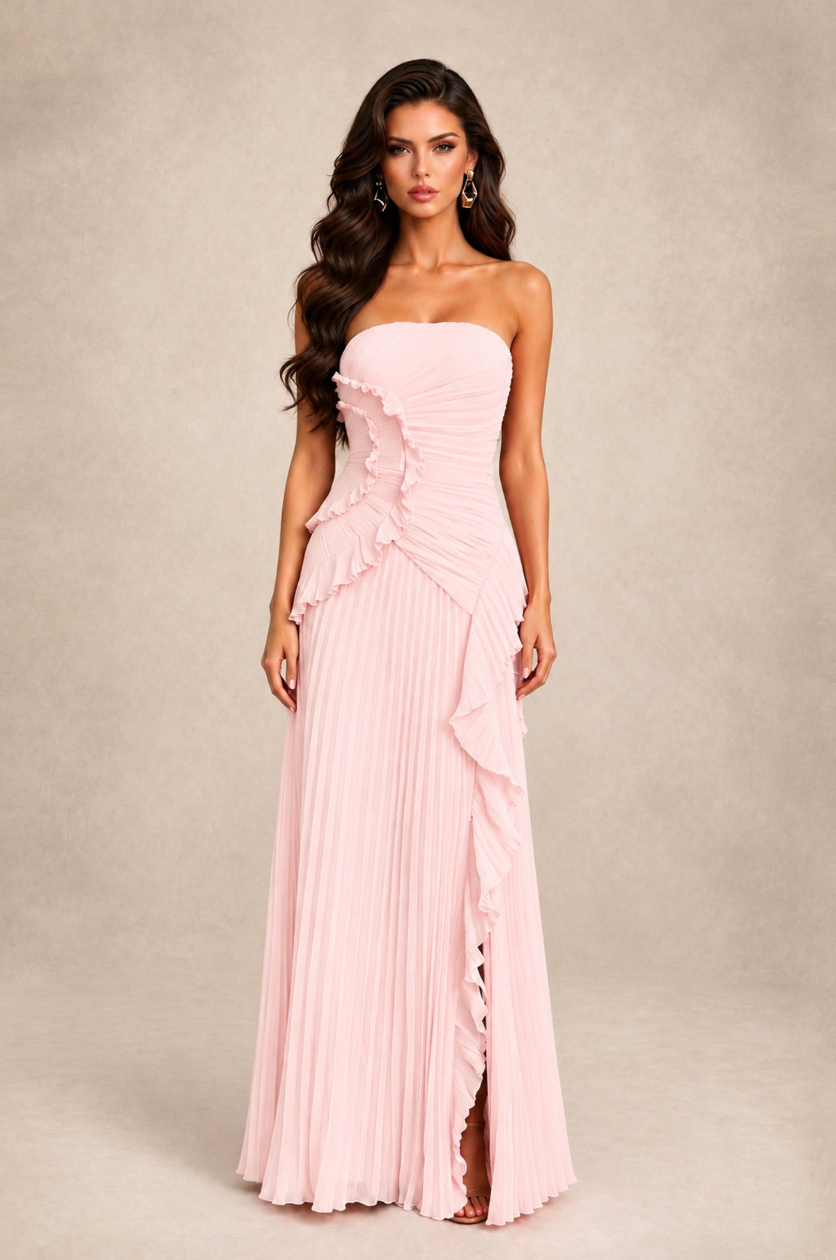 BOLODOO Blush Pink Strapless Ruffle Pleated Slit Evening Gown - Blush Pink - Blush Pink_1