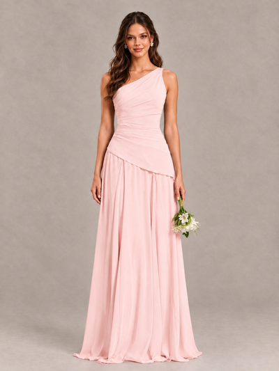 BOLODOO Blush Pink One-Shoulder Lace-Up Back Bridesmaid Dress - Blush Pink - Blush Pink_1