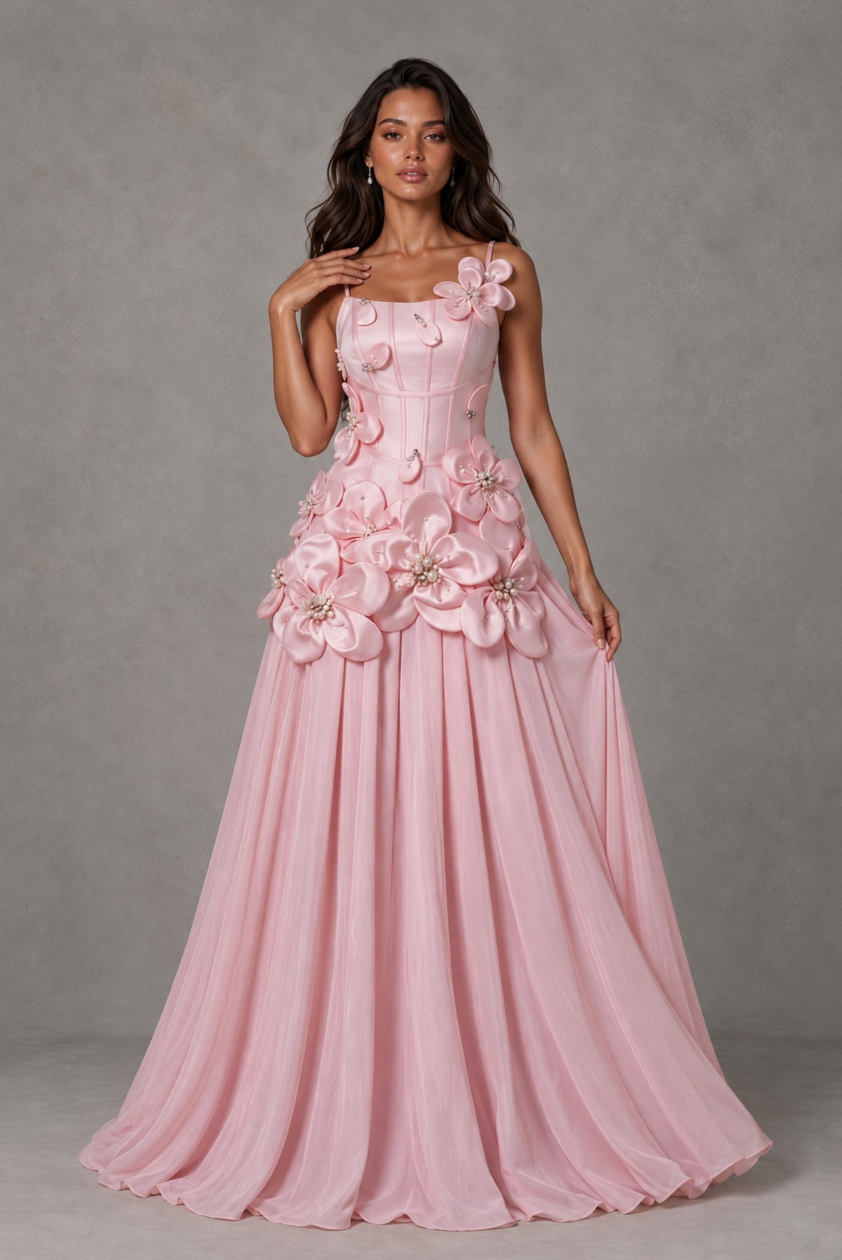 BOLODOO Blush Pink 3D Floral Appliqué Floor-Length A-Line Evening Gown - Blush Pink