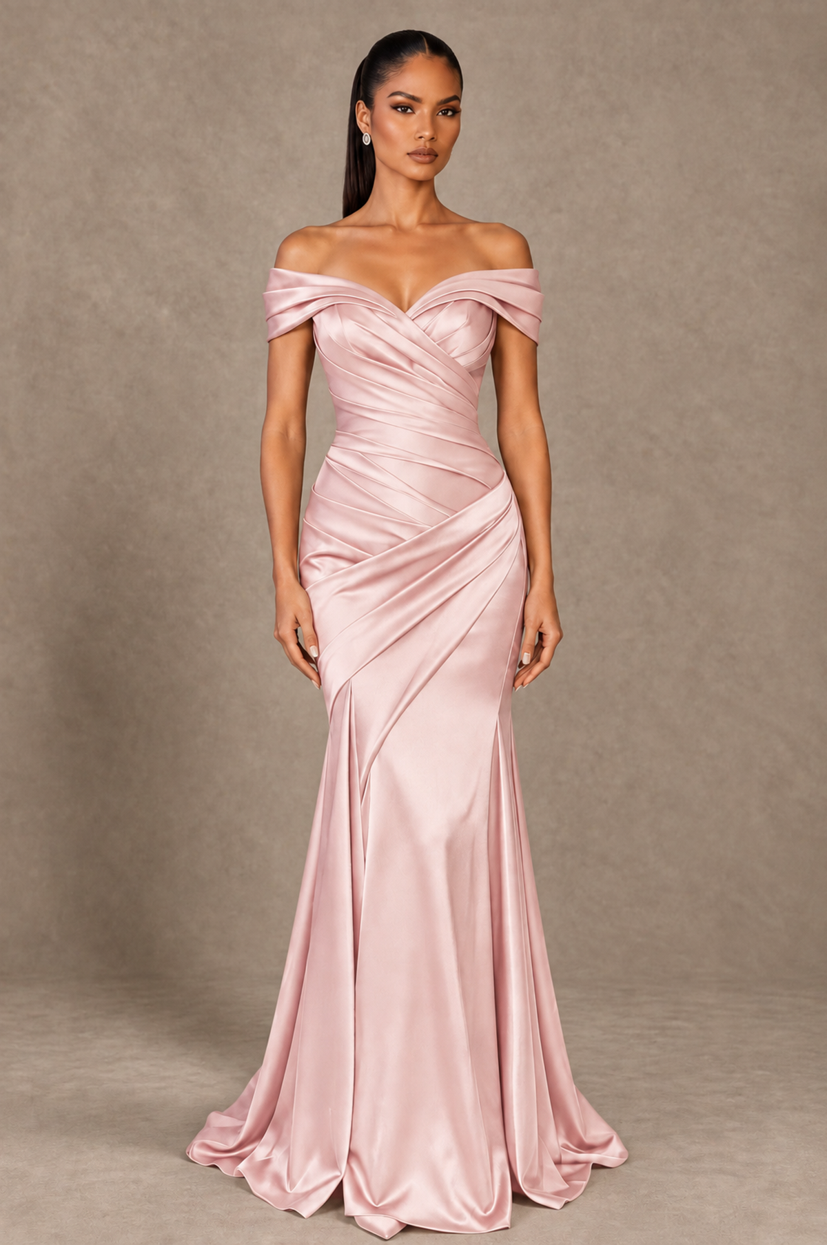 BOLODOO Blush Pink Off-the-Shoulder Ruched Satin Mermaid Evening Dress - Blush Pink - Blush_Pink_1