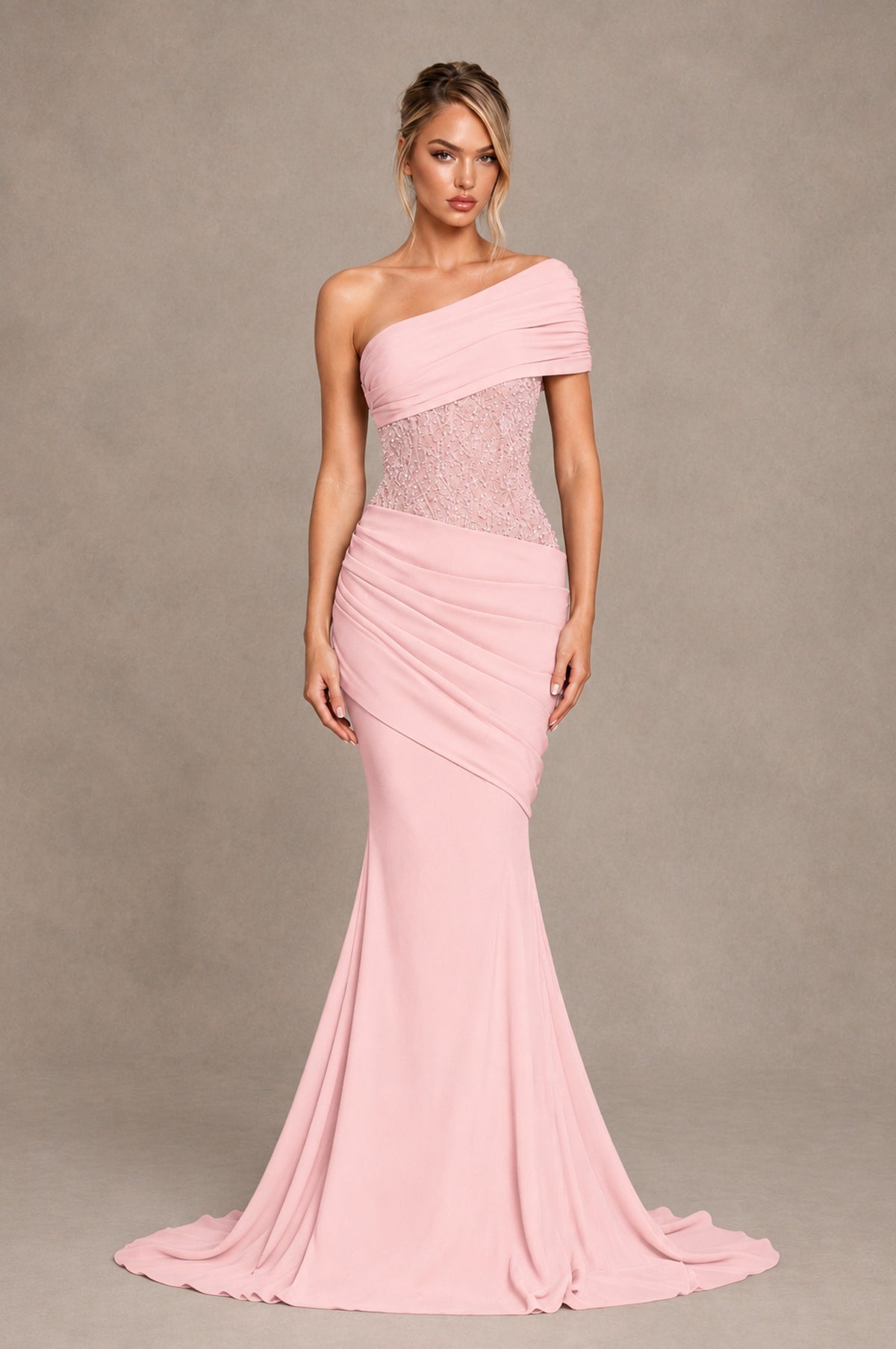 BOLODOO Blush Pink One-Shoulder Sequin Embroidered Ruched Mermaid Gown with Train - Blush Pink - Blush Pink_1