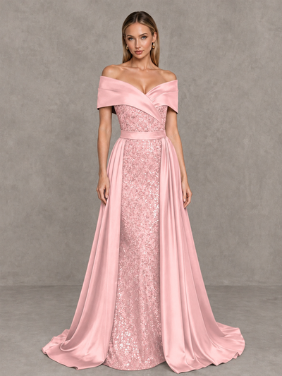 BOLODOO Blush Pink Sequin Mermaid Evening Dress with Detachable Satin Overskirt and Sweep Train - Blush Pink - Blush Pink_1