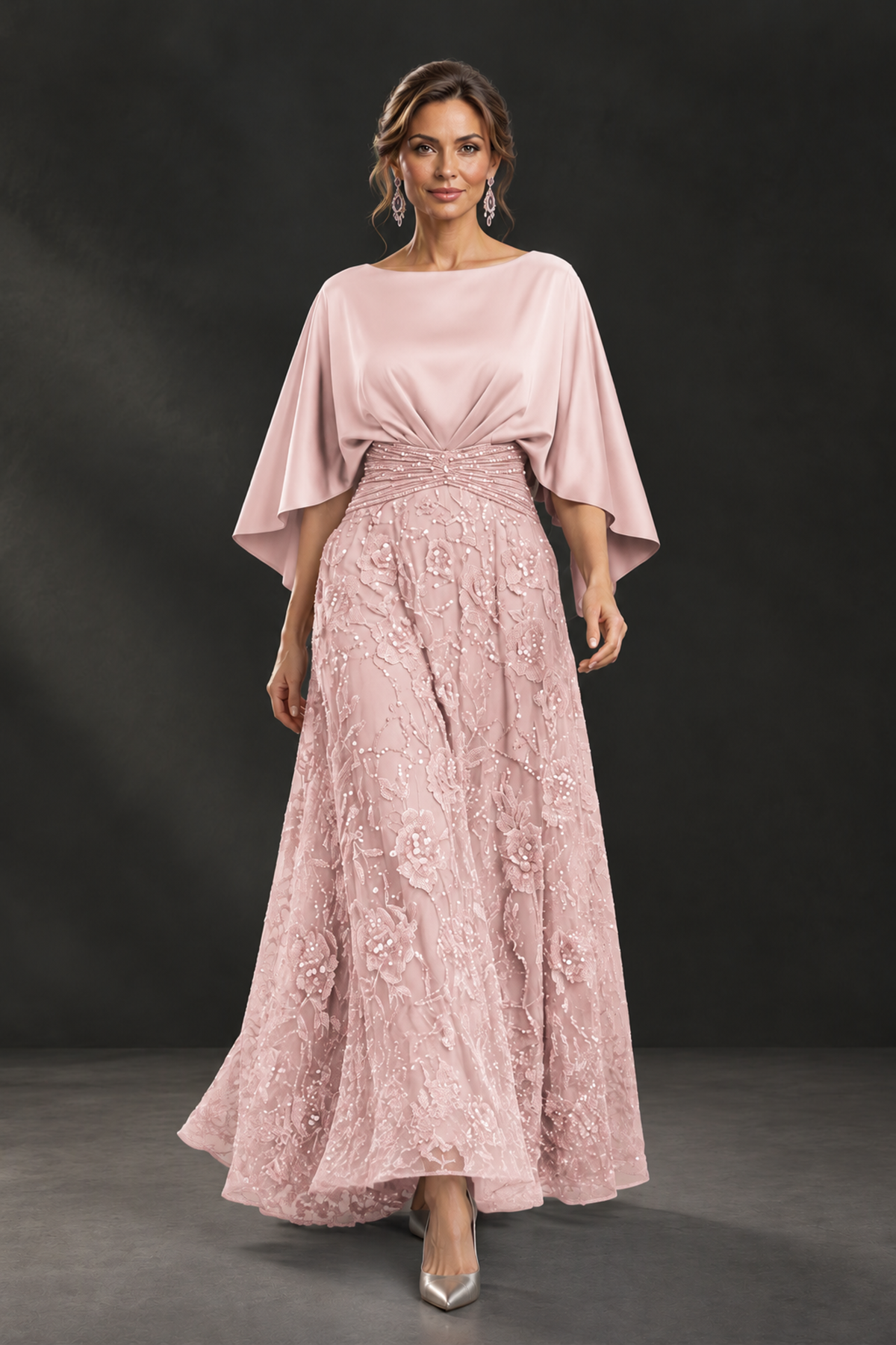 BOLODOO Blush Pink Cape Sleeve Floral Mother of the Bride Dress - Blush Pink - Blush Pink_1