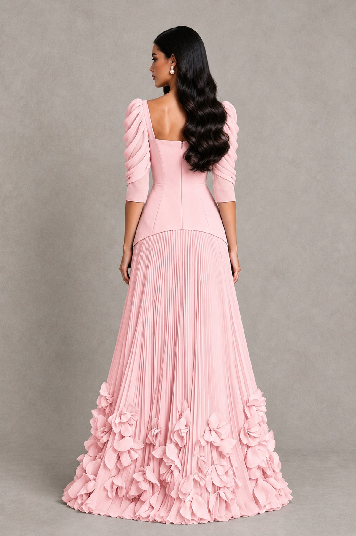 BOLODOO Blush Pink Square Neck Pleated Floral Applique Evening Dress - Blush Pink - Blush Pink_2