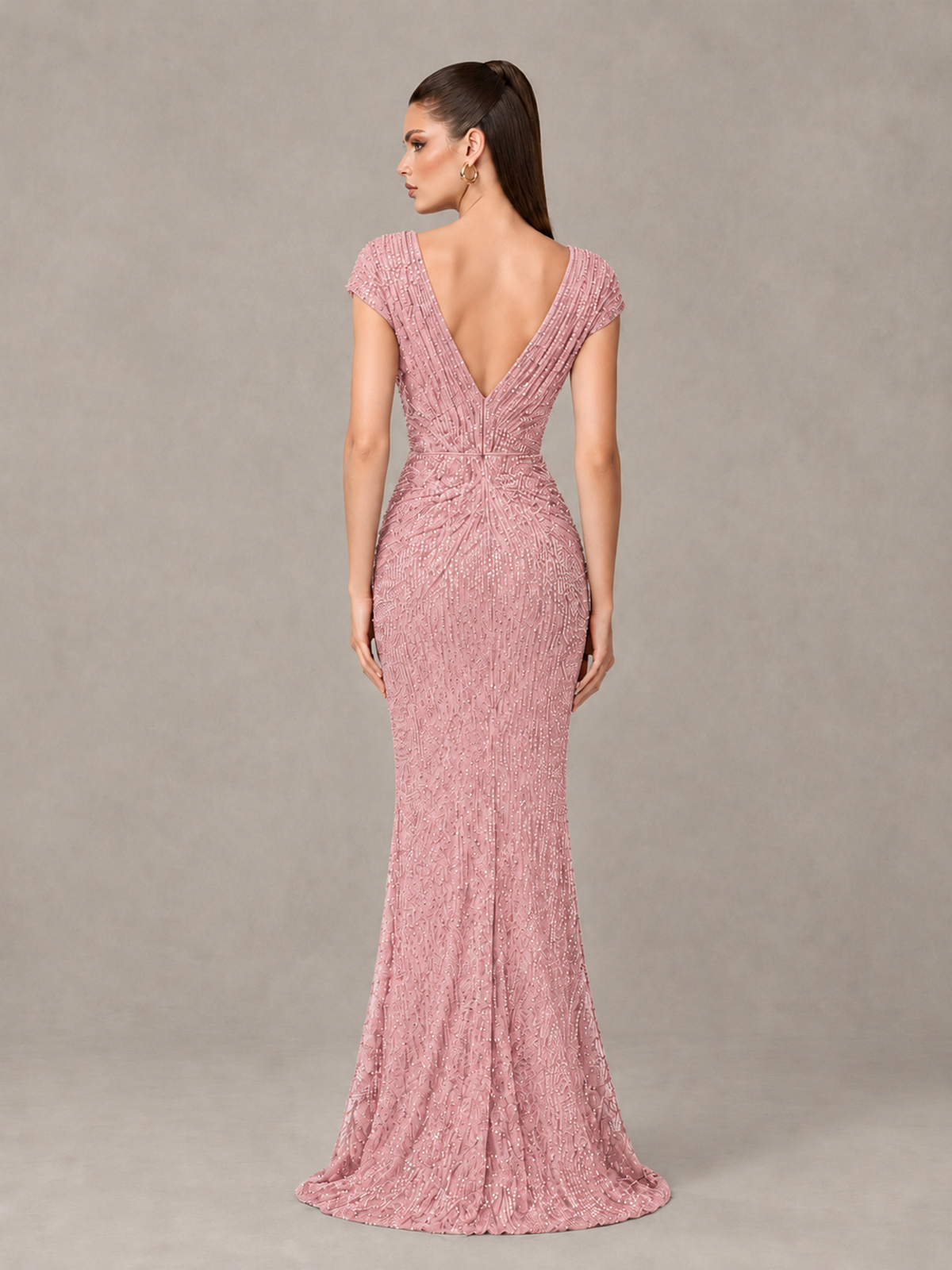 BOLODOO Blush Pink Glitter V-Neck Cap Sleeve Ruched Mermaid Evening Gown - Blush Pink - Blush Pink_2