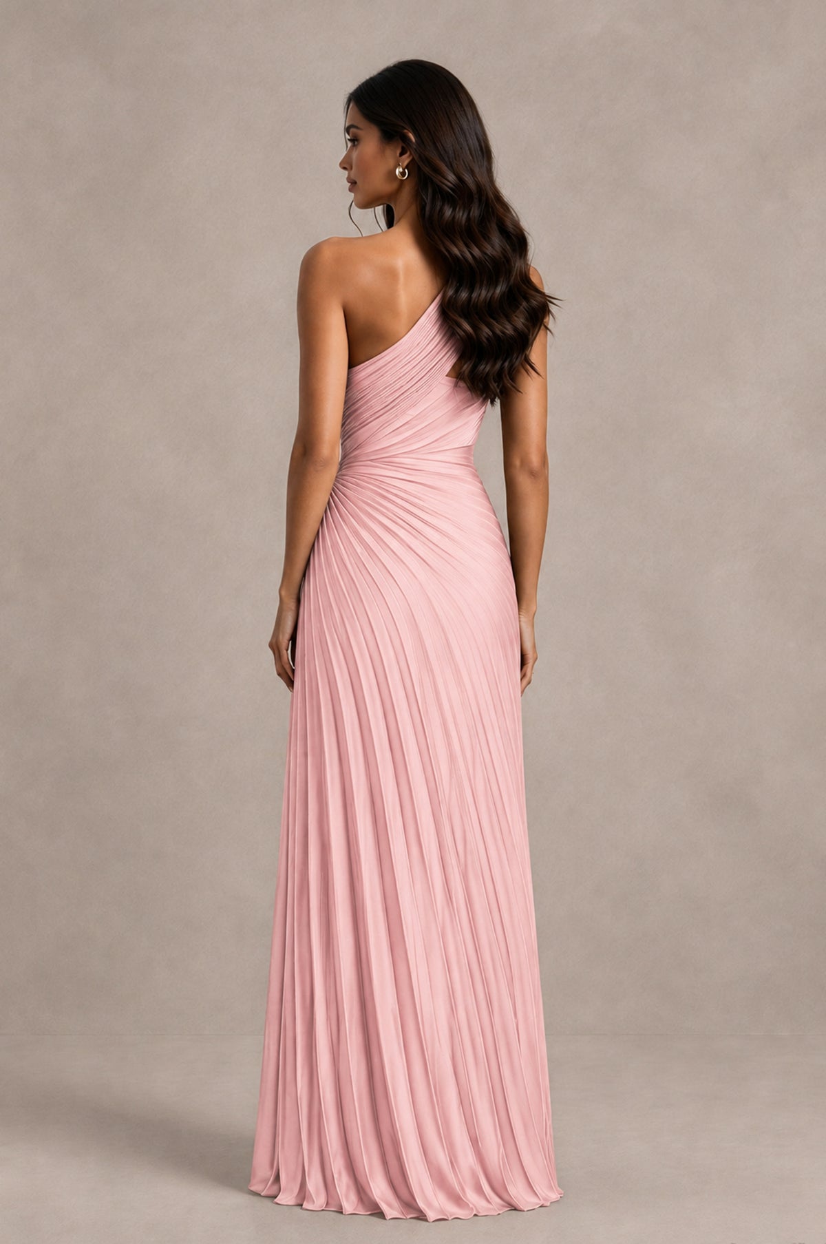 BOLODOO Blush Pink One Shoulder Pleated Evening Dress with Ruched Waist and High Slit - Blush Pink - Blush Pink_2