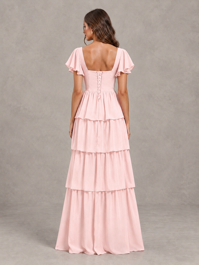 BOLODOO Blush Pink Flutter Sleeve Tiered Maxi Bridesmaid Dress - Blush Pink - Blush Pink_2