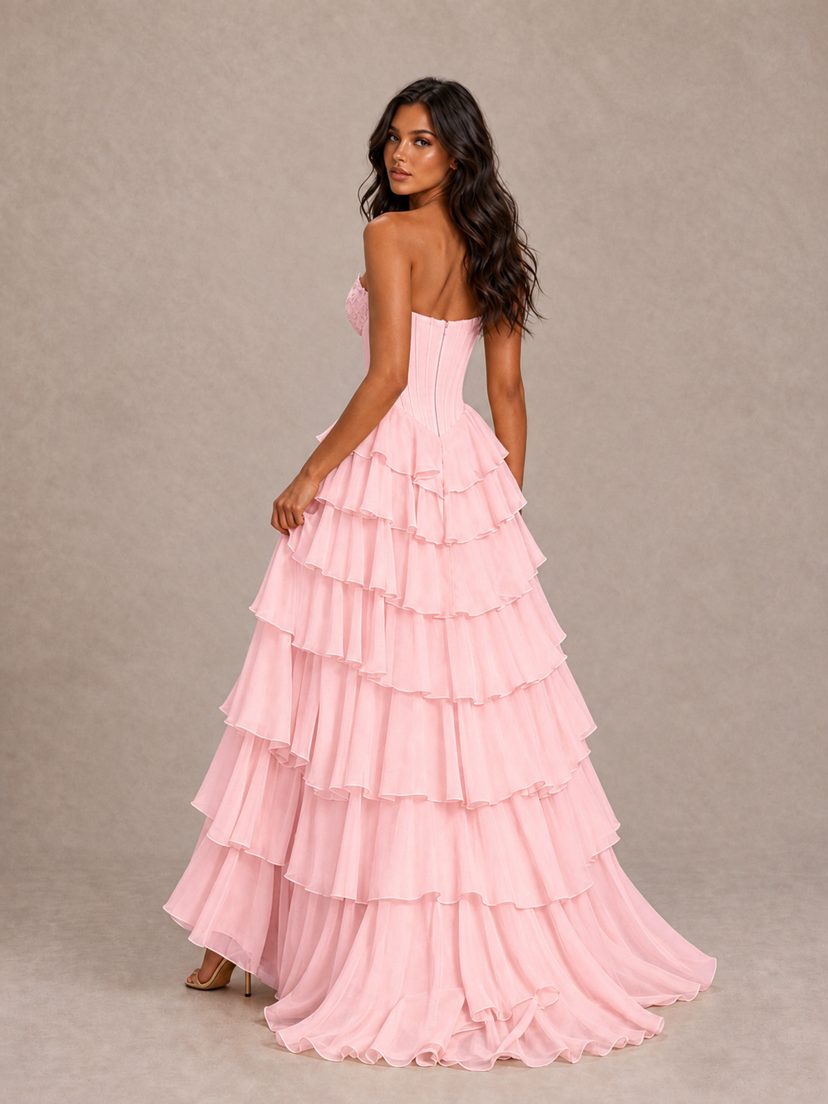 BOLODOO Blush Pink Strapless Corset Tiered Ruffle Prom Dress with High Slit - Blush Pink - Blush Pink_2
