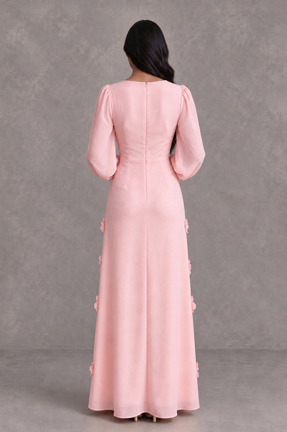 BOLODOO Blush Pink Long Sleeve Floral Applique A-Line Evening Dress - Blush Pink - Blush Pink_2