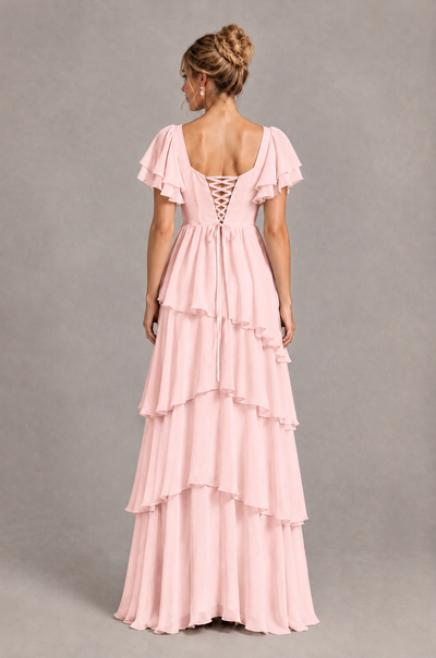 BOLODOO Blush Pink Square Neck Flutter Sleeve Tiered Chiffon Bridesmaid Dress with Lace-Up Back - Blush Pink - Blush Pink_2