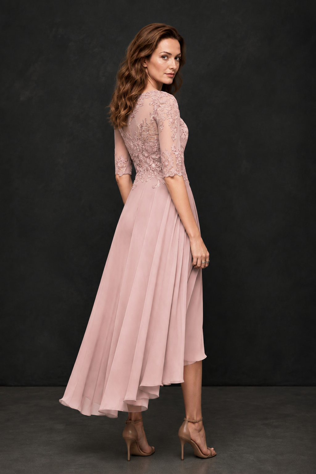 BOLODOO Blush Pink Illusion Lace 3/4 Sleeve Hi-Lo Chiffon A-Line Dress | Mother of the Bride Tea Length Dress - Blush Pink