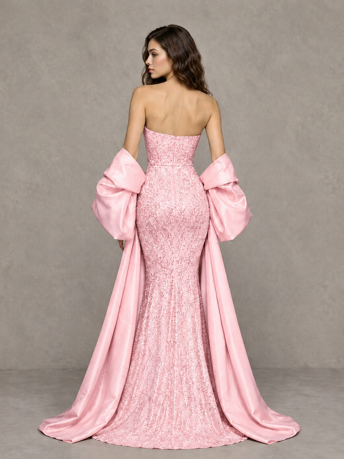 BOLODOO Blush Pink Strapless Sparkle Mermaid Prom Dress with Front Slit and Draped Sleeves - Blush Pink - Blush Pink_2