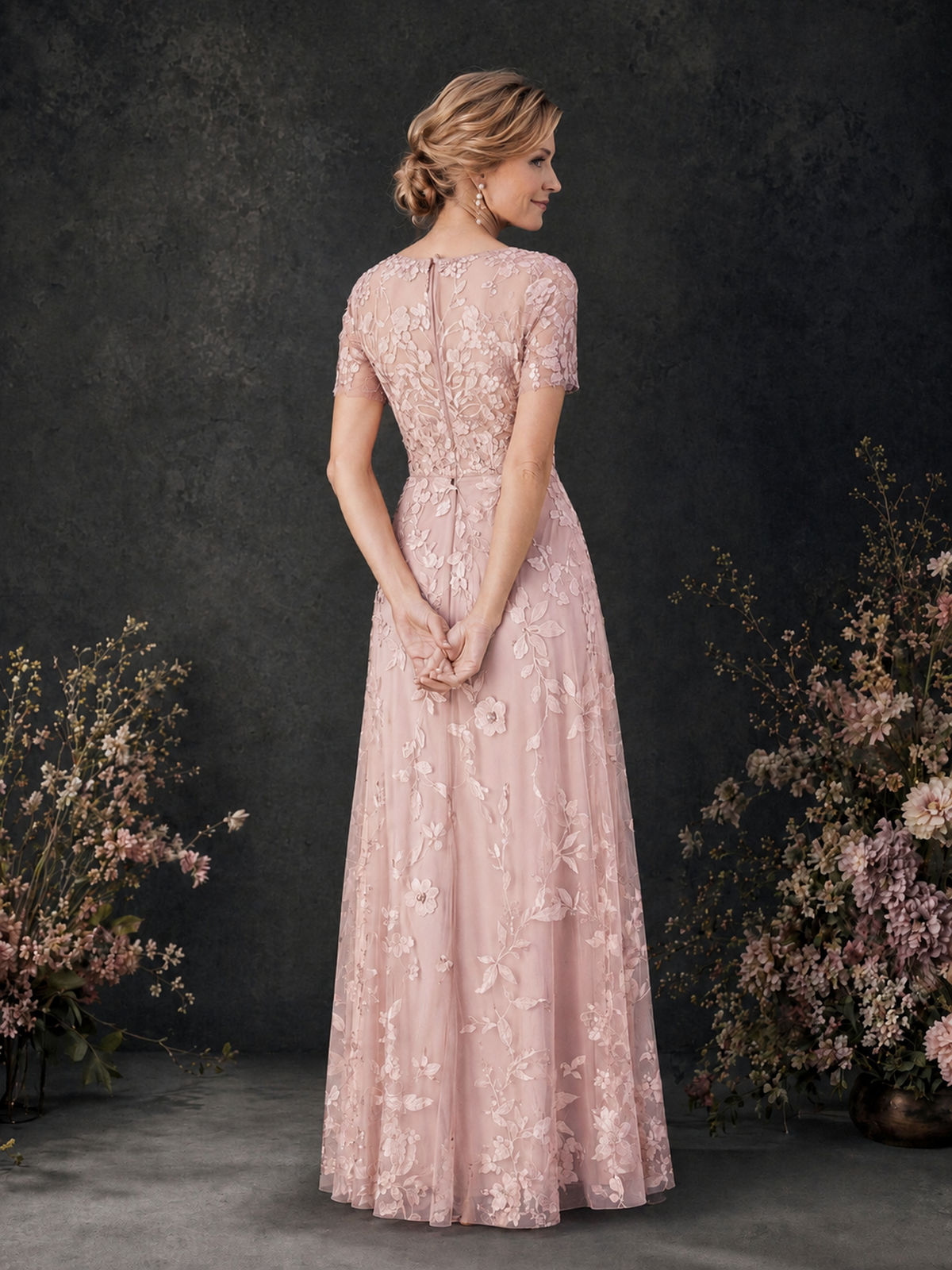 BOLODOO Blush Pink 3D Floral Embroidered Lace V-Neck Short Sleeve A-Line Maxi Dress - Blush Pink