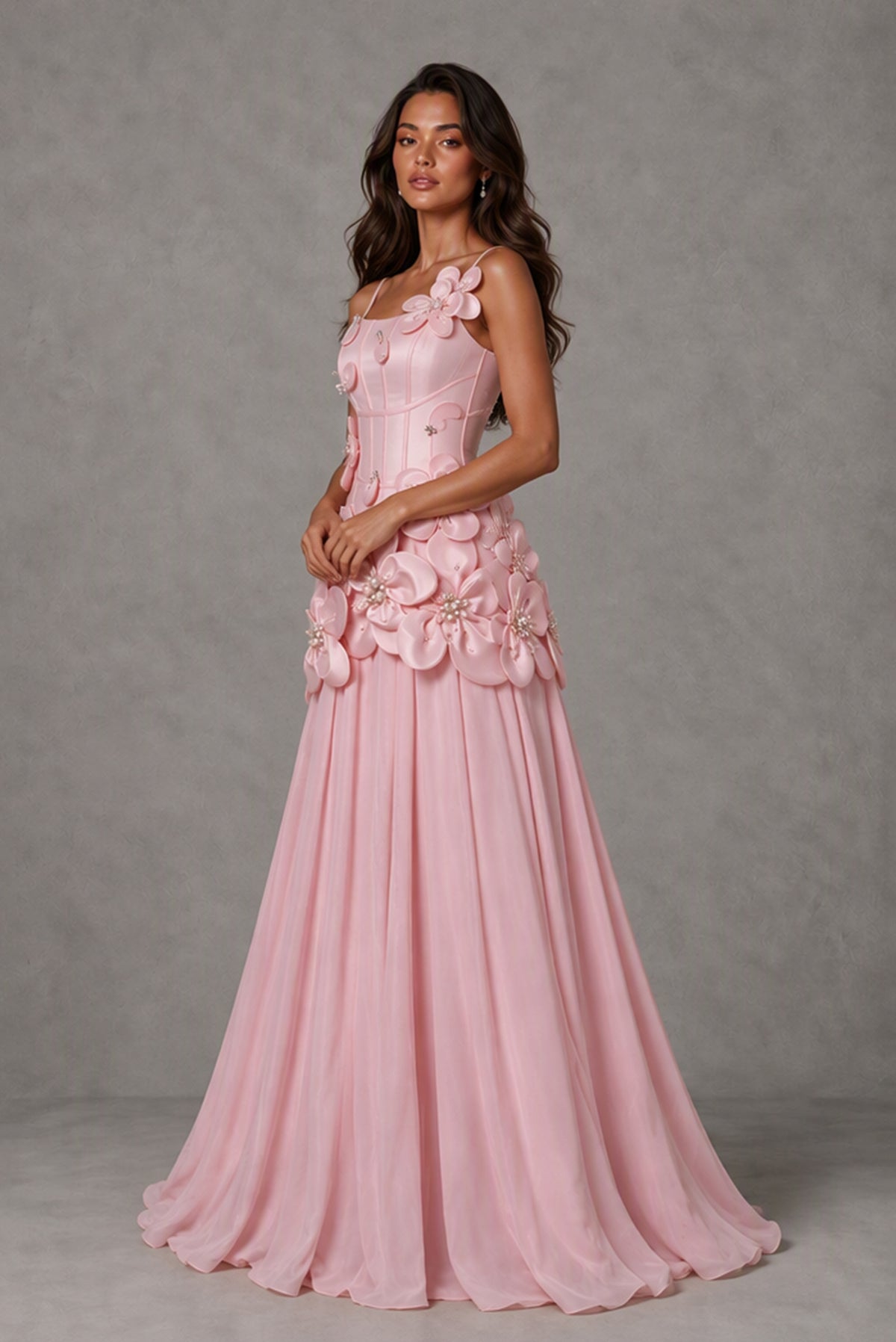 BOLODOO Blush Pink 3D Floral Appliqué Floor-Length A-Line Evening Gown - Blush Pink