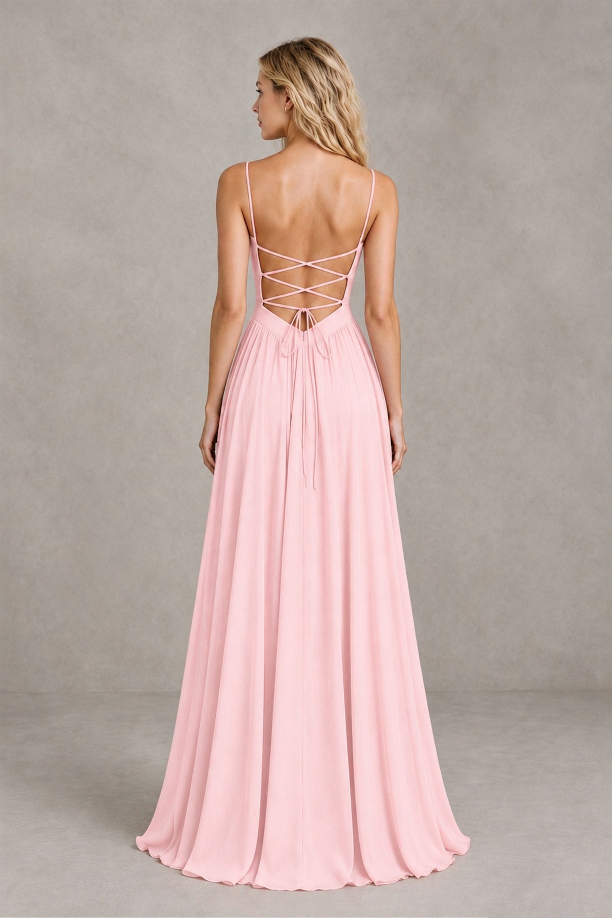 BOLODOO Blush Pink Spaghetti Strap A-Line Bridesmaid Dress with Slit - Blush Pink - Blush Pink_2