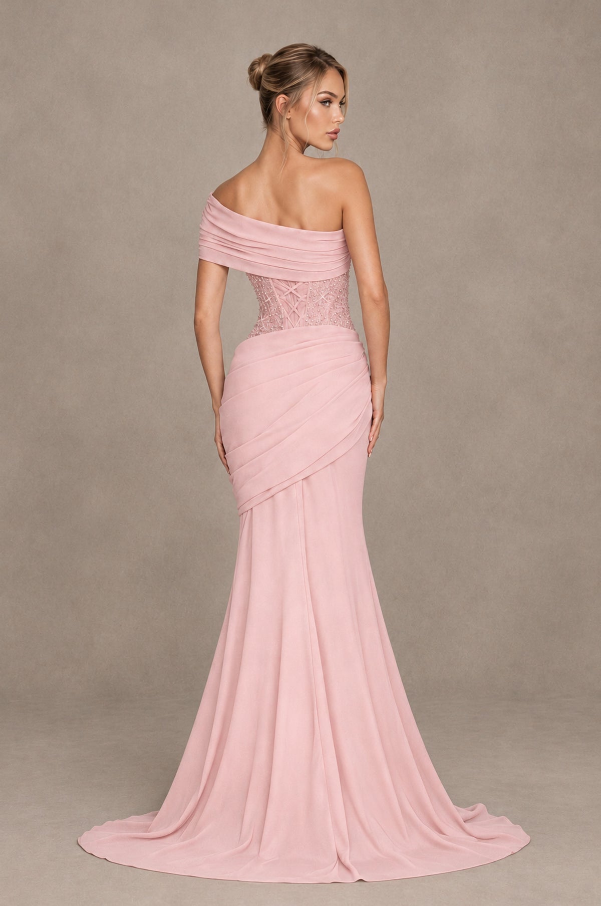 BOLODOO Blush Pink One-Shoulder Sequin Embroidered Ruched Mermaid Gown with Train - Blush Pink - Blush Pink_2