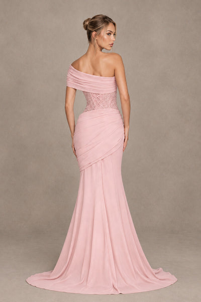 BOLODOO Blush Pink One-Shoulder Sequin Embroidered Ruched Mermaid Gown with Train - Blush Pink - Blush Pink_2