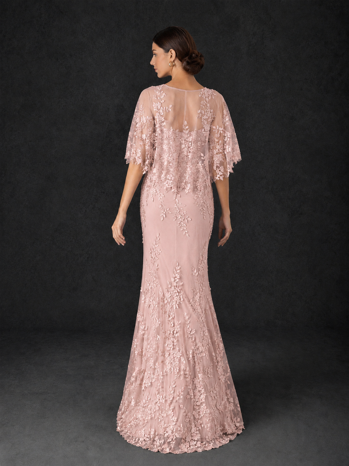 BOLODOO Mocha Blush Pink Botanical Lace Flutter Sleeve Mermaid Gown - Blush Pink