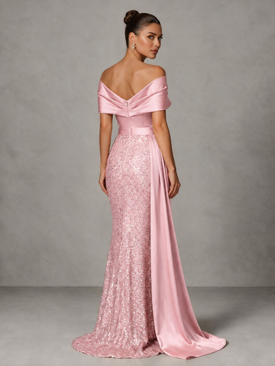 BOLODOO Blush Pink Sequin Mermaid Evening Dress with Off-Shoulder Satin Drape and Sweep Train - Blush Pink - Blush Pink_2