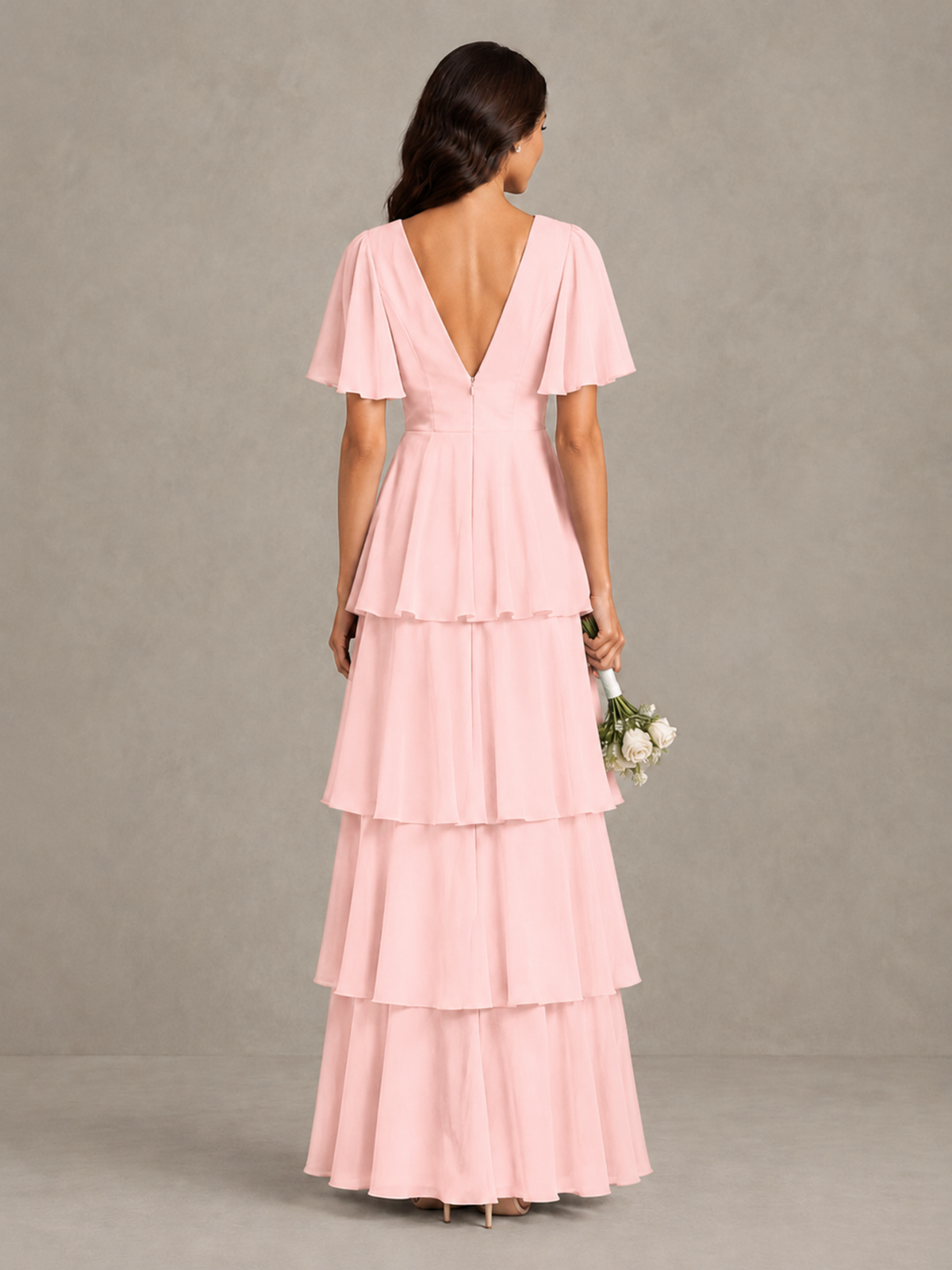 BOLODOO Blush Pink Tiered Flutter Sleeve Bridesmaid Dress - Blush Pink - Blush Pink_2