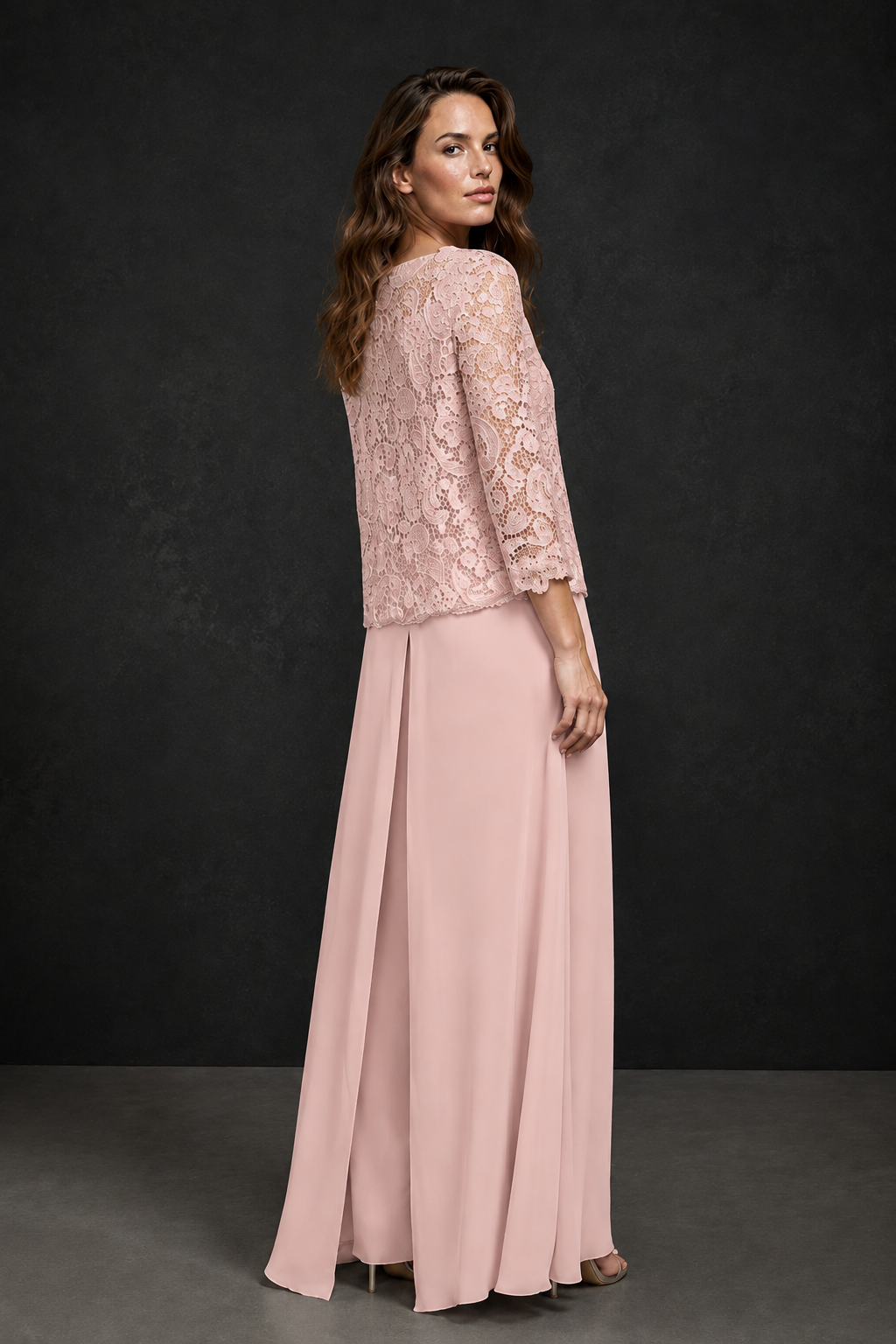 BOLODOO Blush Pink Grey Lace Peplum Top & Wide-Leg Chiffon Pants Set | Mother of the Bride & Formal Evening Outfit - Blush Pink