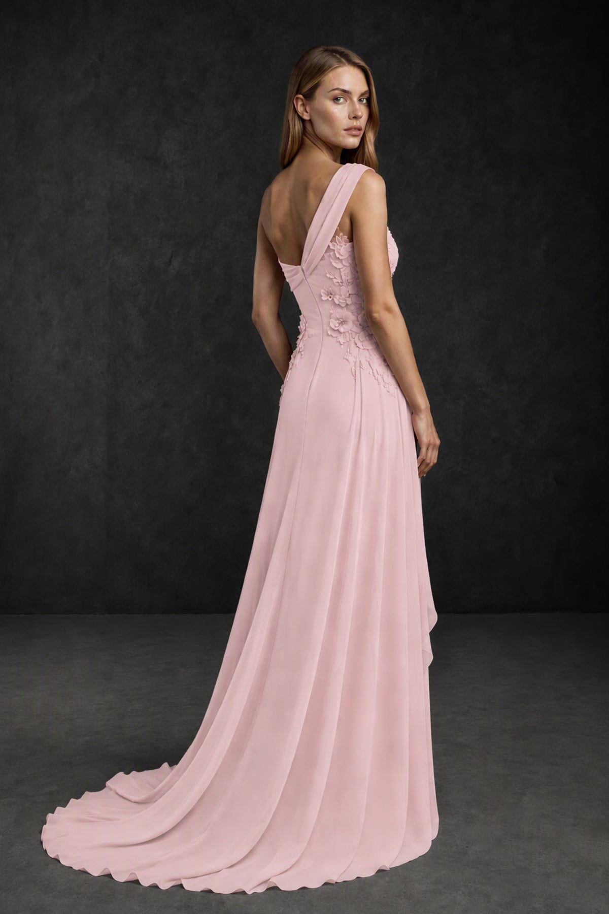 BOLODOO Blush Pink One-Shoulder 3D Floral Appliqué Chiffon Gown with Open Back - Blush Pink