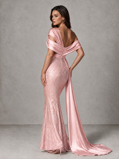 BOLODOO Blush Pink Sequin Mermaid Evening Dress with Off-Shoulder Satin Drape and Sweep Train - Blush Pink - Blush Pink_2