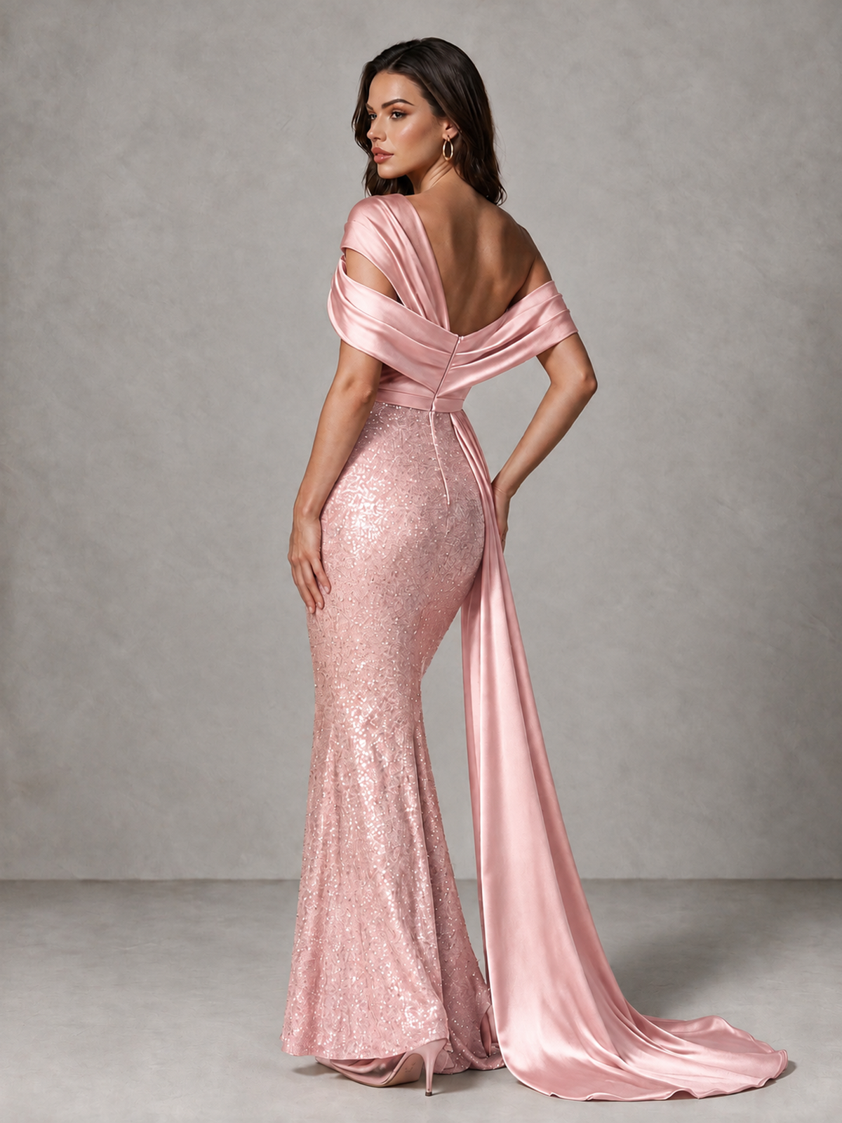 BOLODOO Blush Pink Sequin Mermaid Evening Dress with Off-Shoulder Satin Drape and Sweep Train - Blush Pink - Blush Pink_2
