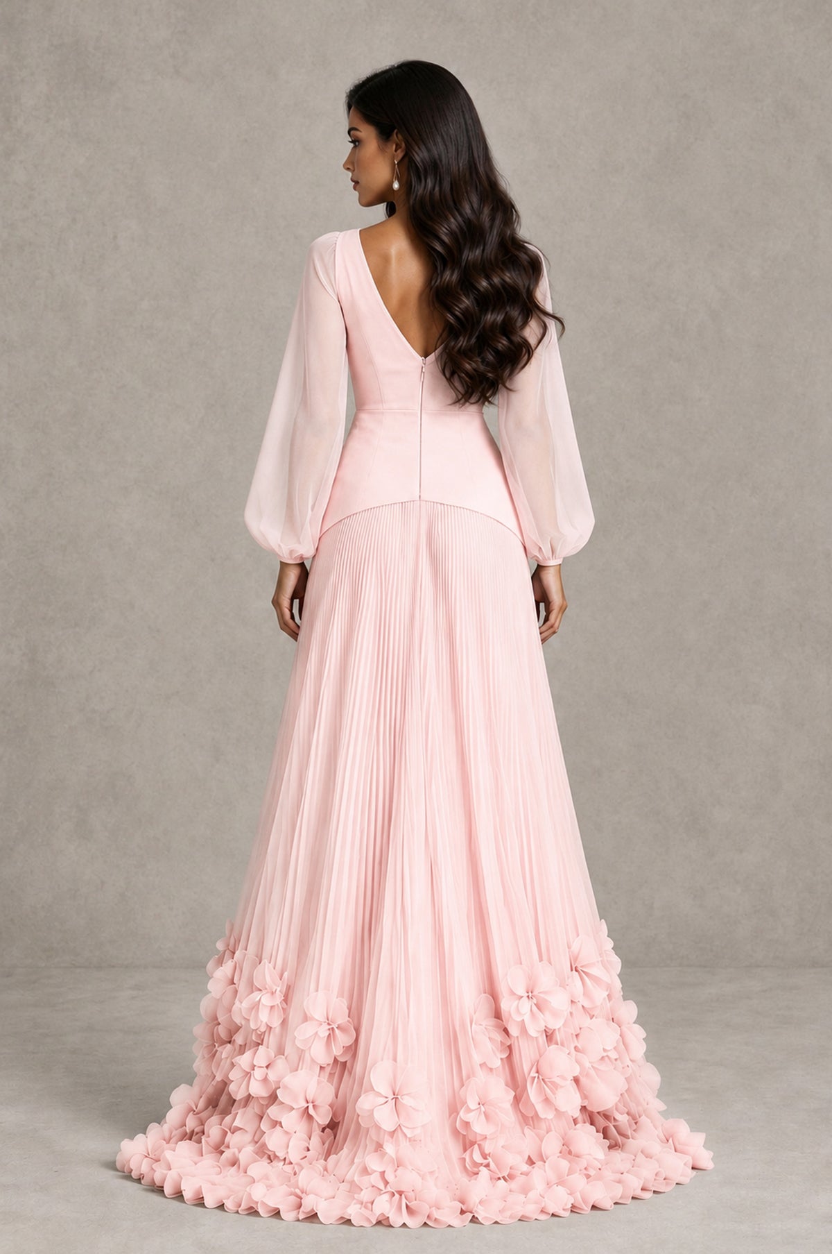 BOLODOO Blush Pink V-Neck Long Sleeve Pleated Floral Hem Evening Dress - Blush Pink - Blush Pink_2