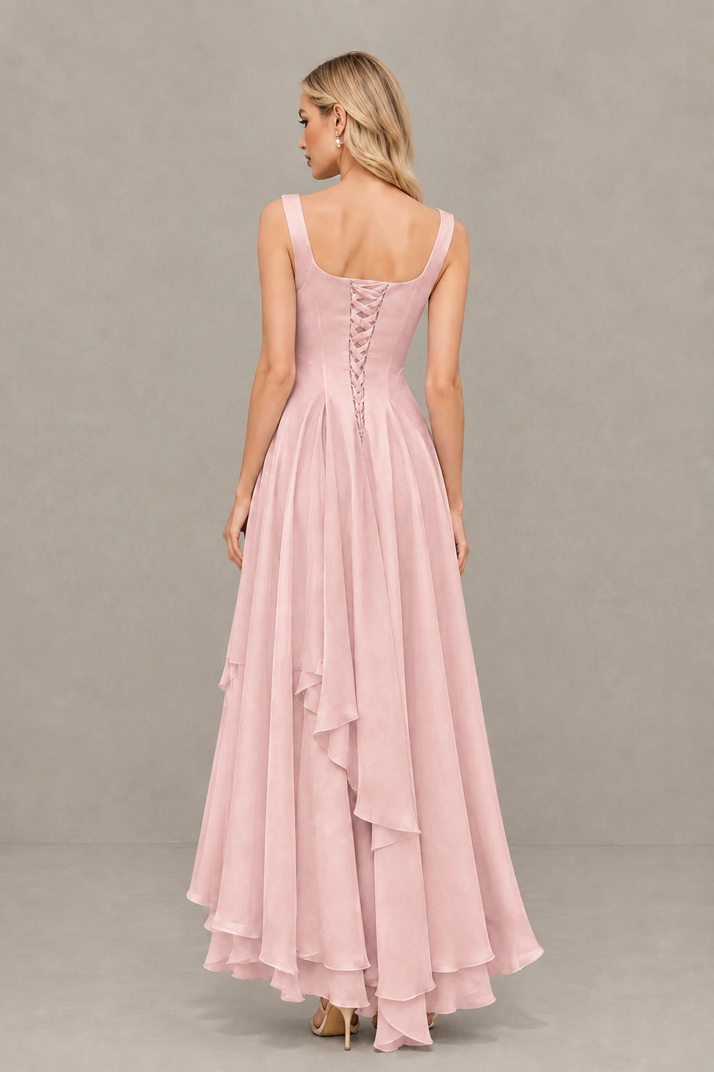 BOLODOO Blush Pink Square Neck Chiffon Bridesmaid Dress with Lace-Up Back - Blush Pink