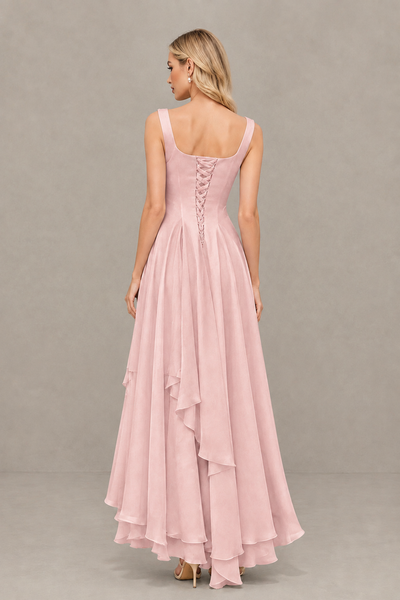 BOLODOO Blush Pink Square Neck Chiffon Bridesmaid Dress with Lace-Up Back - Blush Pink