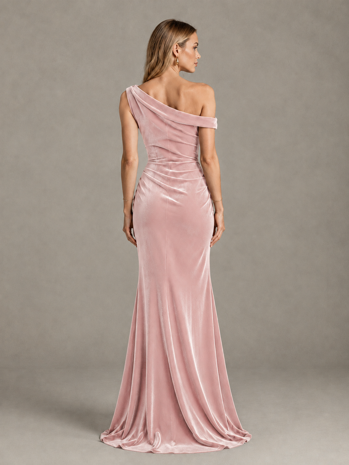BOLODOO Blush Pink One-Shoulder Velvet Mermaid Evening Gown - Blush Pink - Blush Pink_2