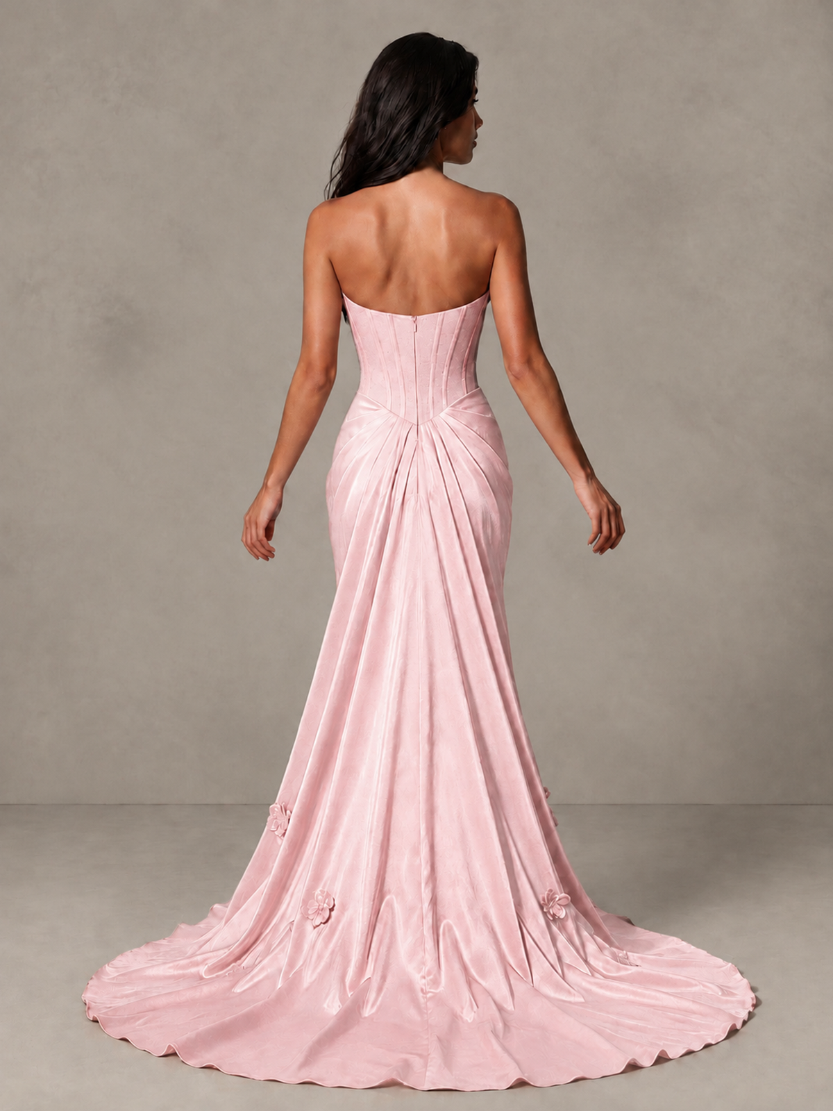 BOLODOO Blush Pink Strapless Floral Corset Evening Gown with Train - Blush Pink - Blush Pink_2