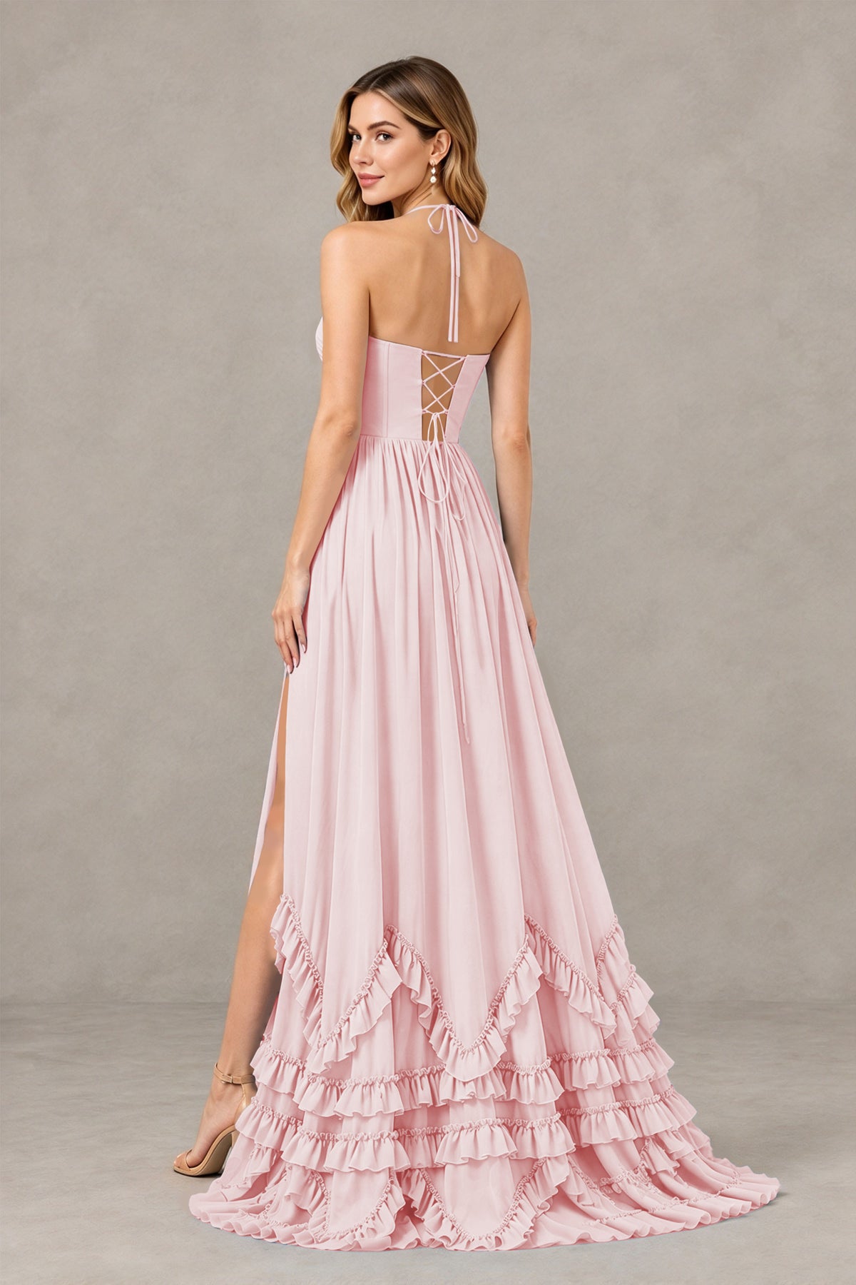 BOLODOO Blush Pink Halter Ruffle Hem A-Line Bridesmaid Dress with High Slit - Blush Pink - Blush Pink(2)