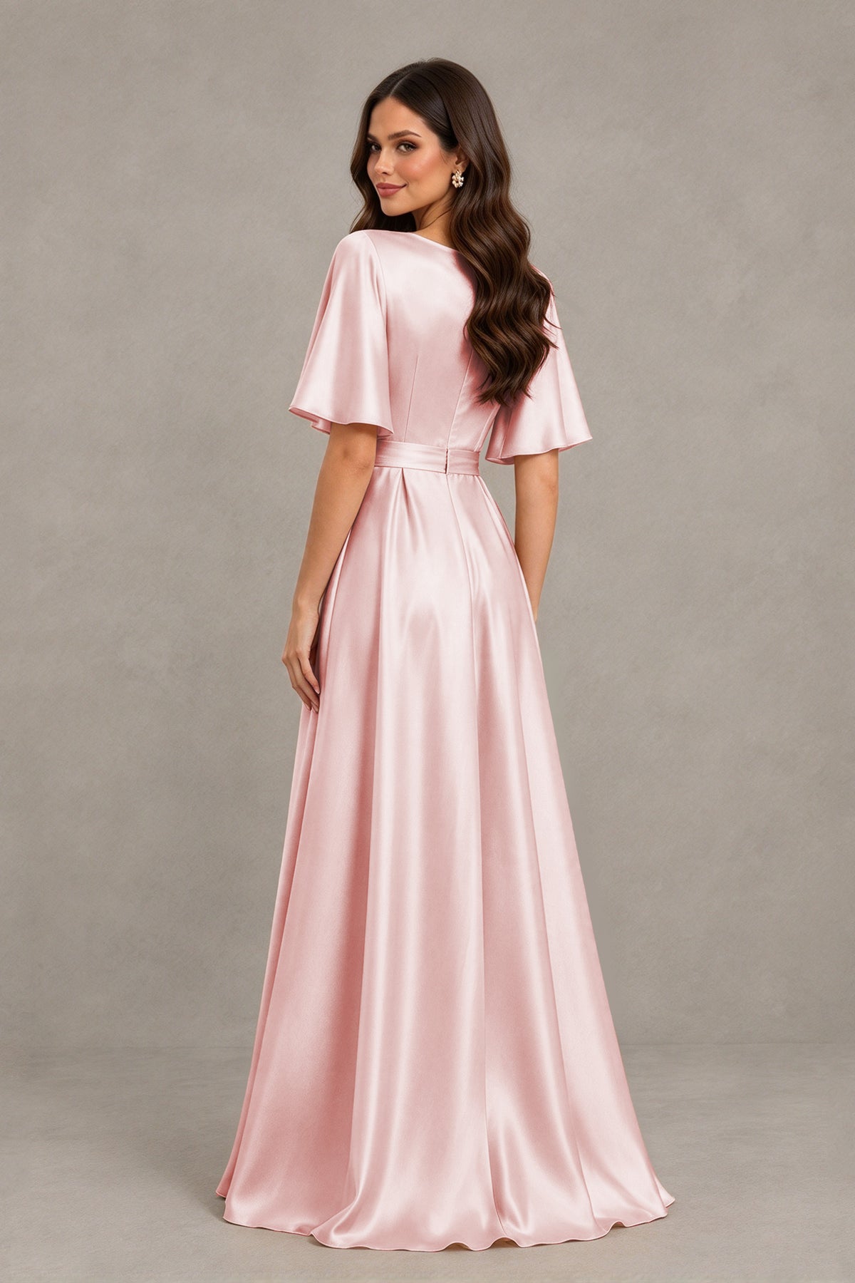 BOLODOO Blush Pink Satin V-Neck Flutter Sleeve Bridesmaid Dress with Slit - Blush Pink - Blush Pink(2)