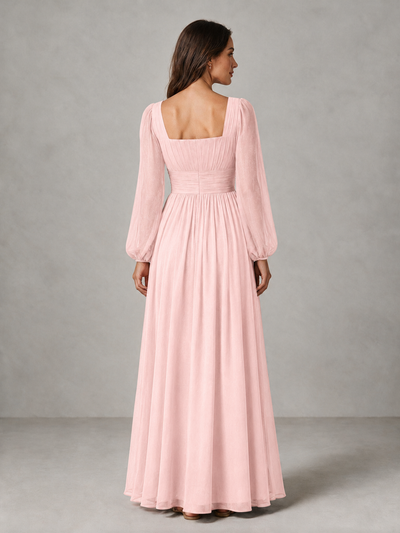 BOLODOO Blush Pink Square Neck Long Sleeve Chiffon Bridesmaid Dress - Blush Pink - Blush Pink_2
