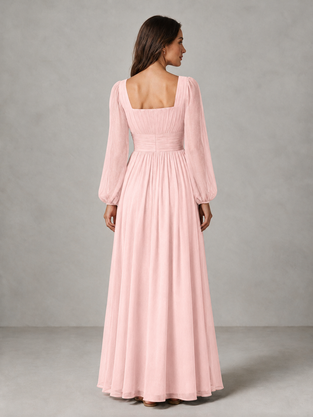 BOLODOO Blush Pink Square Neck Long Sleeve Chiffon Bridesmaid Dress - Blush Pink - Blush Pink_2