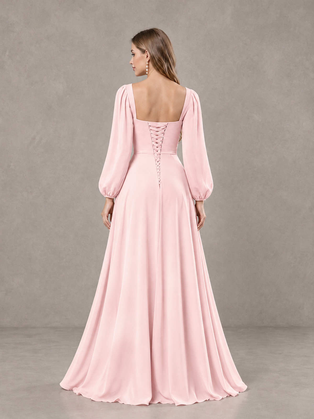 BOLODOO Blush Pink Square Neck Long Sleeve Bridesmaid Dress with Ruffle Slit - Blush Pink - Blush Pink_2