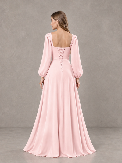 BOLODOO Blush Pink Square Neck Long Sleeve Bridesmaid Dress with Ruffle Slit - Blush Pink - Blush Pink_2