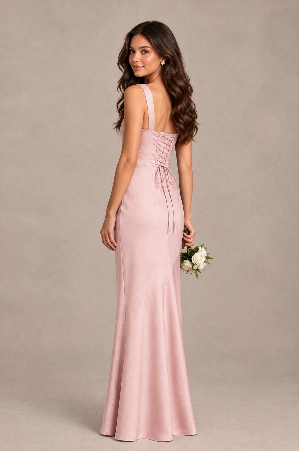 BOLODOO Blush Pink Square Neck Ruched Satin Lace-Up Bridesmaid Dress - Blush Pink - Blush Pink_2
