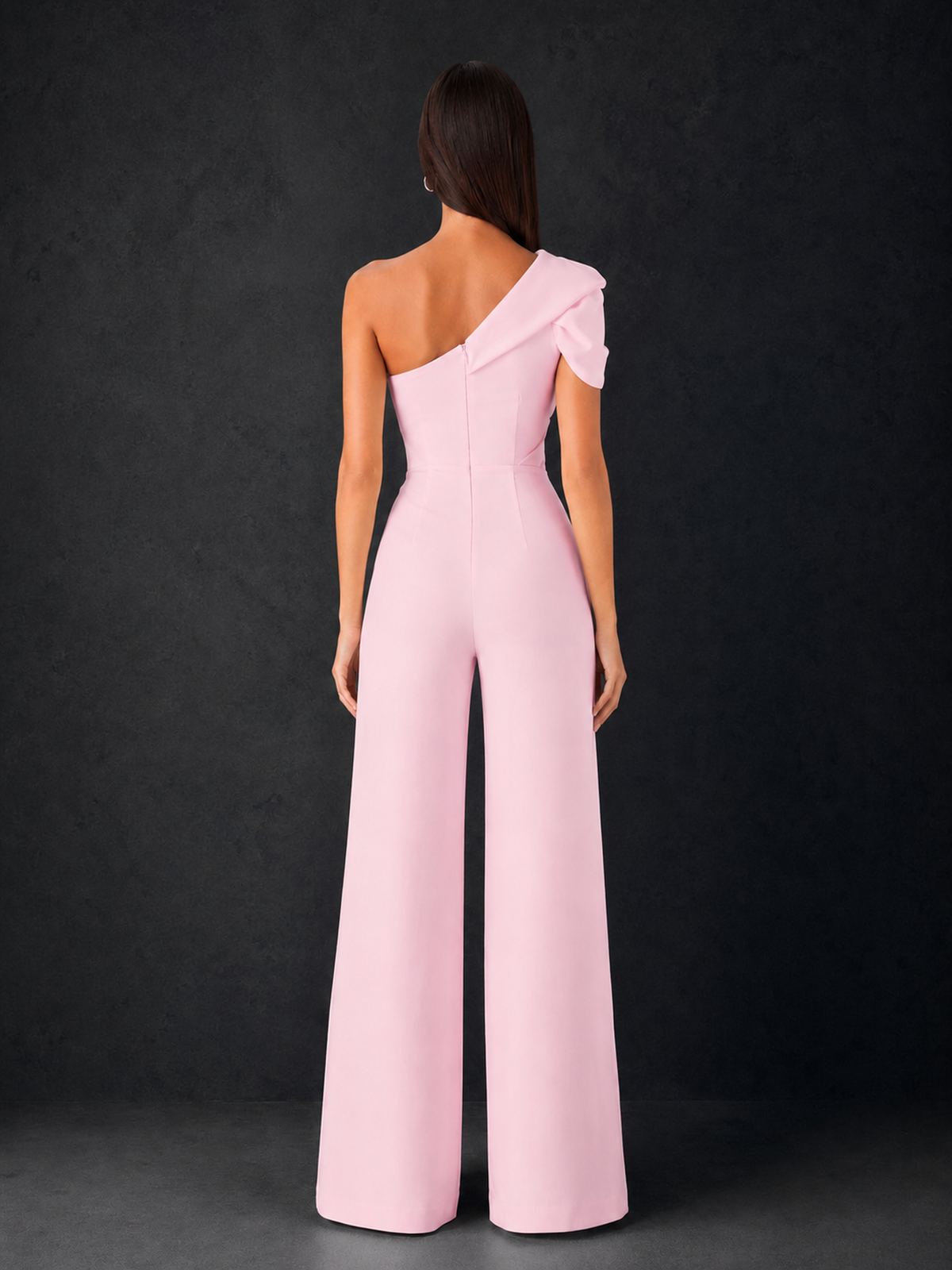 BOLODOO Blush Pink One-Shoulder Puff Sleeve Wide-Leg Jumpsuit with Front Slit and Open Back - Blush Pink