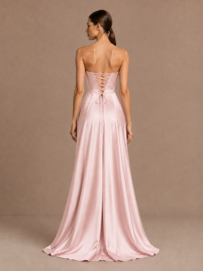 BOLODOO Blush Pink Strapless Satin High-Slit Lace-Up Prom Dress - Blush Pink - Blush Pink_2