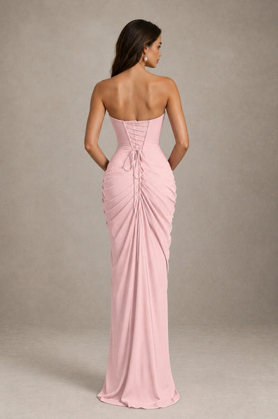 BOLODOO Strapless Draped Maxi Dress - Blush Pink Backless Evening Gown with High Slit - Blush Pink - Blush Pink_2
